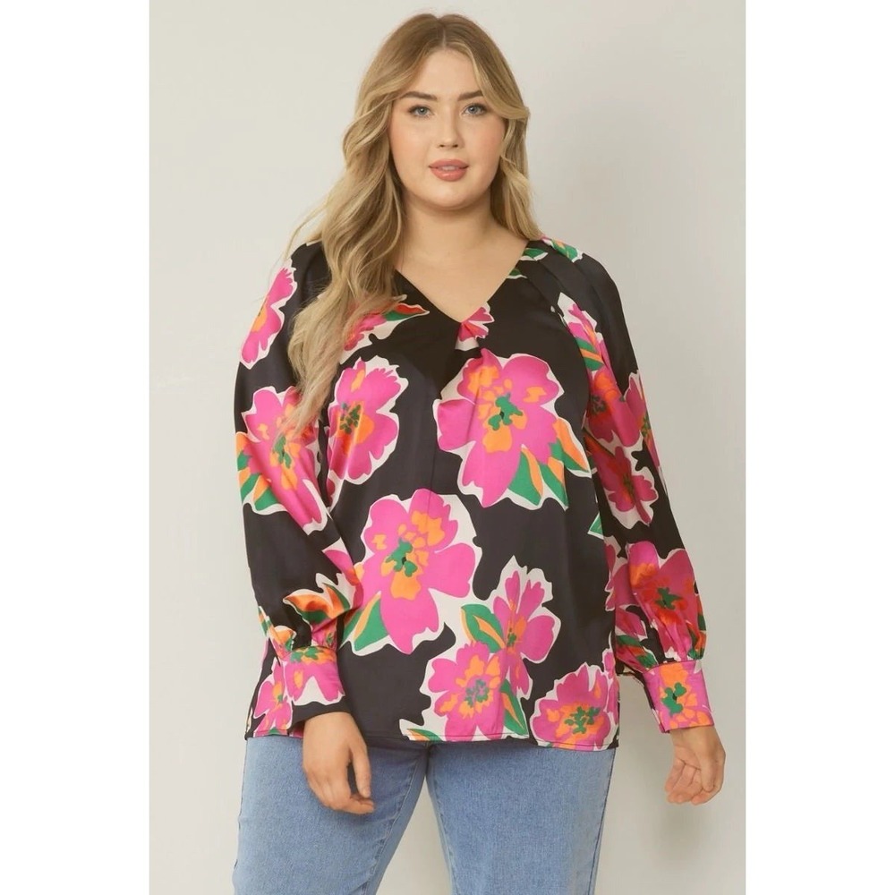 Entro Satin Floral Top Blouse XL Pink Black Mod Retro Puff Sleeve Boho Pleated